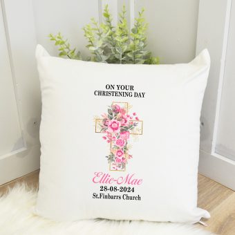 Personalised Cushion-Christening Cushion Flower Cross