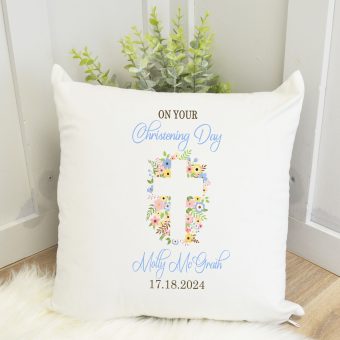 Personalised Cushion-Christening Cushion Peach & Blue Silhouette