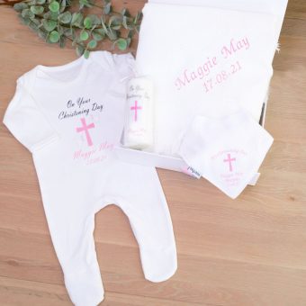 Alternative view of Christening Hamper- Bib, Baby Gro, Blanket & Candle Personalised