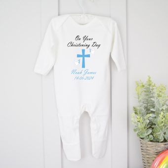 Personalised Christening Baby Grow-Cross & Birds (Blue Or Pink)