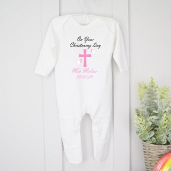 Alternative view of Personalised Christening Baby Grow-Cross & Birds (Blue Or Pink)